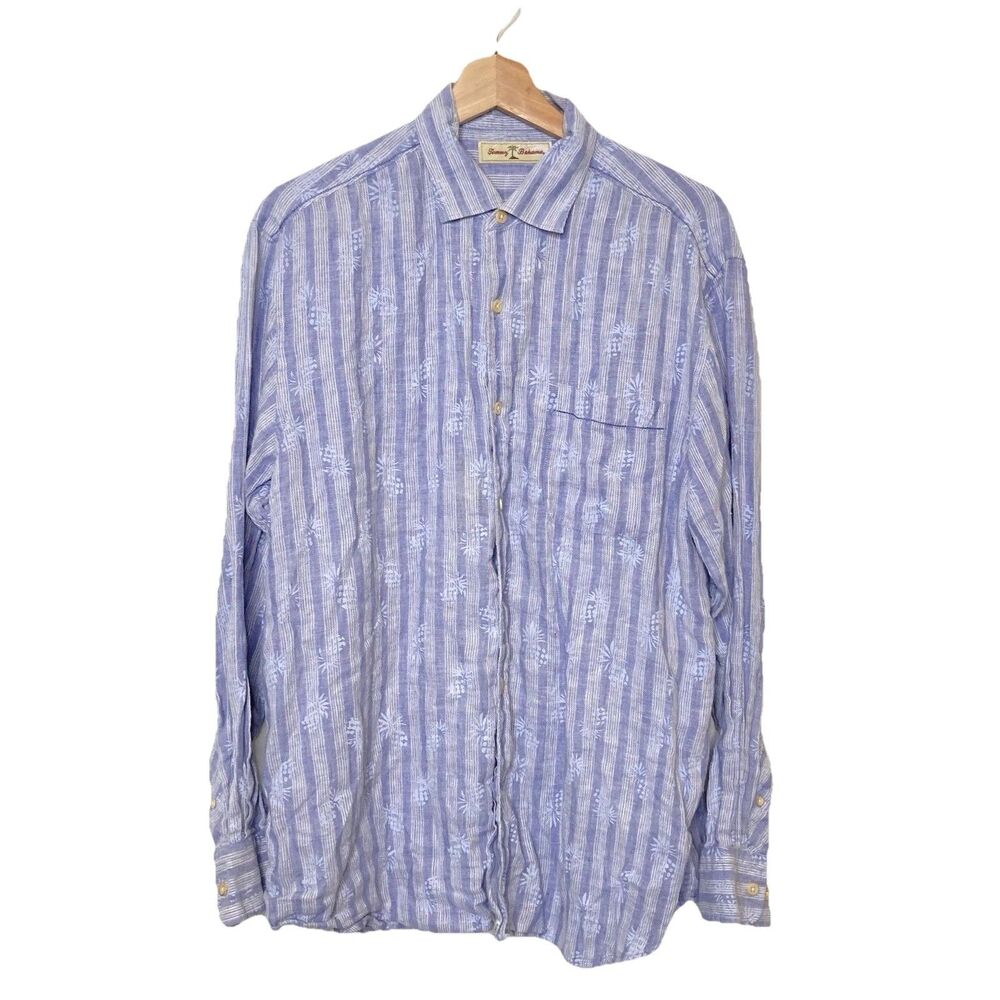 Tommy Bahama Mens M Button Up Shirt Long Sleeve Blue Striped Linen Pineapple